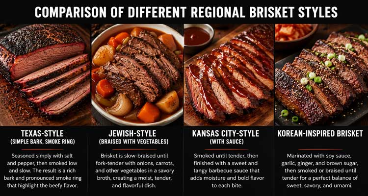 Comparison of different regional brisket styles showing Texas-style (simple bark, smoke ring), Jewish-style (braised with vegetables), Kansas City-style (with sauce), and Korean-inspired brisket