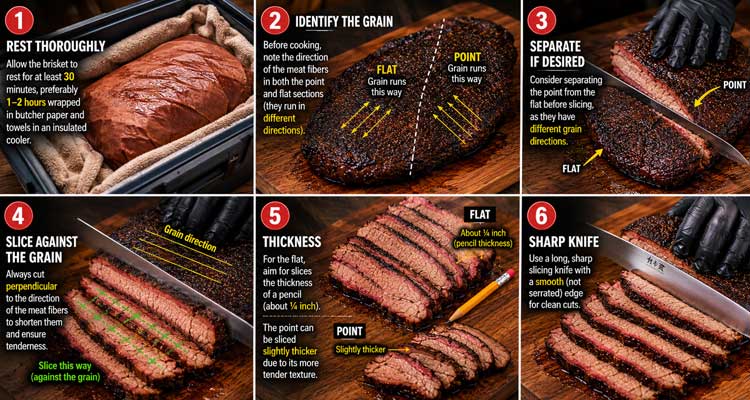 Step-by-step photo sequence showing proper brisket slicing technique, with emphasis on cutting against the grain