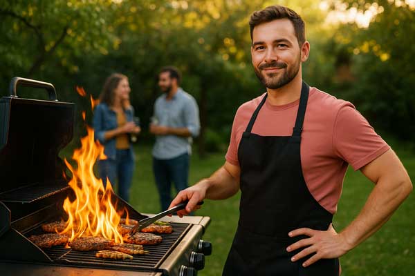 Person confidently grilling with flames visible Person confidently grilling with flames visible and guests chatting in background