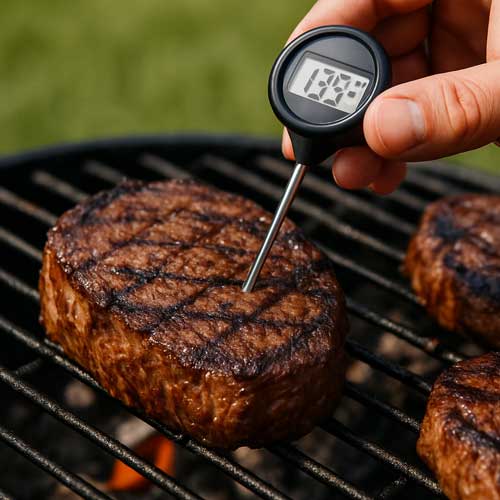 Meat thermometer being used on a steak Close-up of meat thermometer being used on a steak
