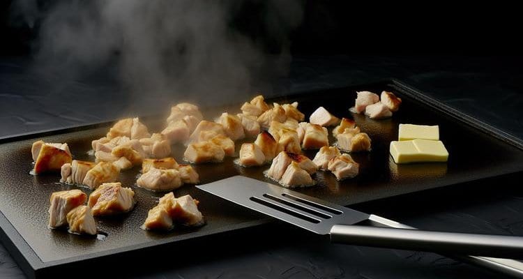 Diced chicken pieces cooking on Blackstone griddle with butter and metal spatula Diced chicken pieces cooking on Blackstone griddle with butter and metal spatula