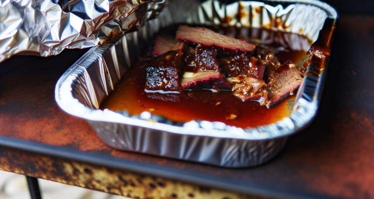 Cubed burnt ends in aluminum pan with BBQ sauce glaze during second cook Cubed burnt ends in aluminum pan with BBQ sauce glaze during second cook