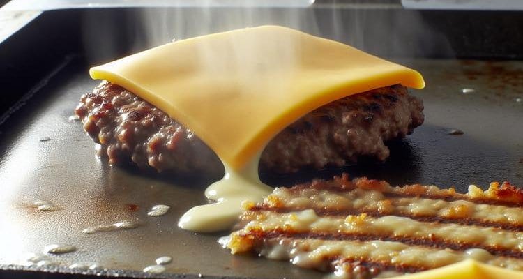 American cheese melting on smash burger patty on Blackstone griddle with visible crust American cheese melting on smash burger patty on Blackstone griddle with visible crust