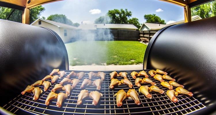 Chicken wings arranged on smoker grates with wisps of clean smoke Chicken wings arranged on smoker grates with wisps of clean smoke