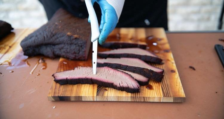 Competition-style brisket slices showing perfect smoke ring and bark Competition-style brisket slices showing perfect smoke ring and bark