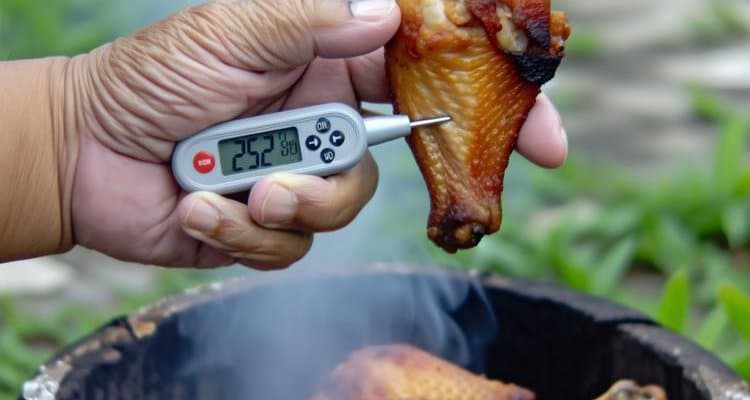 Close-up of crispy smoked chicken wing with meat thermometer Close-up of crispy smoked chicken wing with meat thermometer