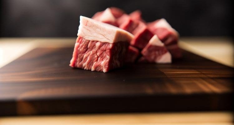 Smoked brisket point cut into 1.5-inch cubes showing marbling and fat Smoked brisket point cut into 1.5-inch cubes showing marbling and fat