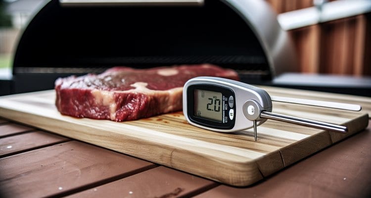 Probe thermometer inserted in steak to check internal temperature during reverse searing Probe thermometer inserted in steak to check internal temperature during reverse searing