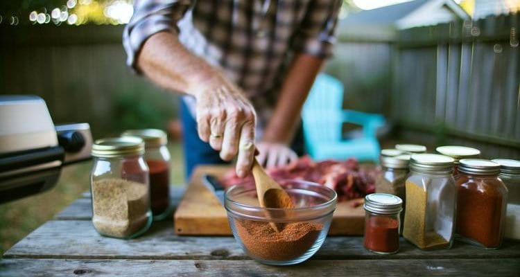 hands mixing homemade brisket rub spices together in a glass bowl with spoon, spice jars visible in background - cooking process Hands mixing homemade brisket rub spices together in a glass bowl with spoon, spice jars visible in background - cooking process