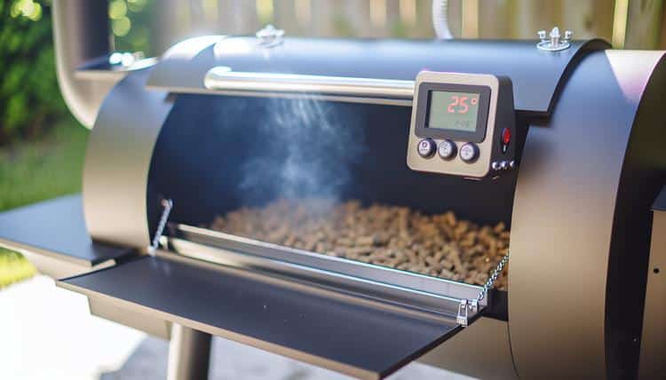 pellet grill preheated with digital temperature display showing 225 degrees, wood pellets visible in hopper pellet grill preheated with digital temperature display showing 225 degrees, wood pellets visible in hopper