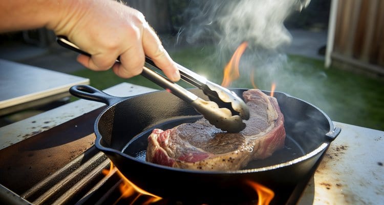 Steak searing in hot cast iron skillet during high-heat phase creating perfect crust Steak searing in hot cast iron skillet during high-heat phase creating perfect crust