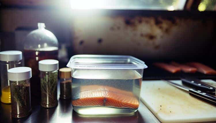 salmon fillet in glass container with wet brine solution, herbs and spices visible salmon fillet in glass container with wet brine solution, herbs and spices visible