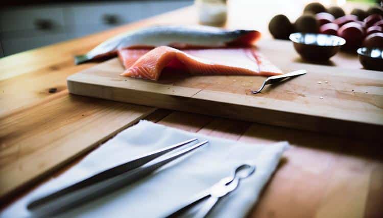 fresh salmon fillet on wooden cutting board with tweezers placed beside it, showing pin bone removal preparation fresh salmon fillet on wooden cutting board with tweezers placed beside it, showing pin bone removal preparation