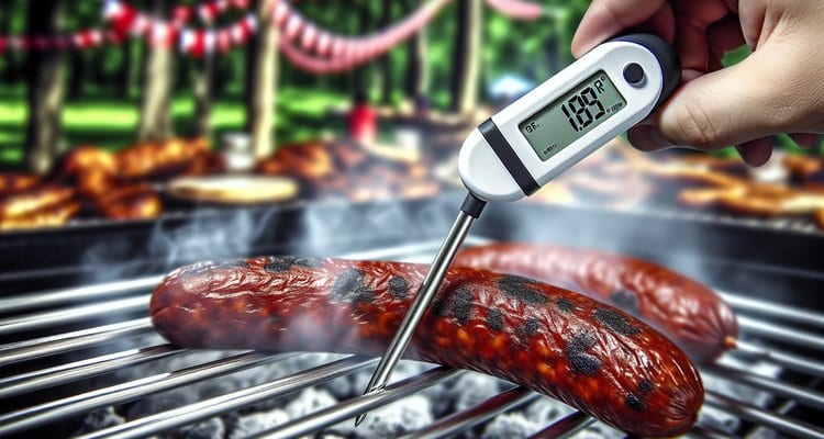 Instant-read thermometer inserted into end of smoked sausage showing temperature reading