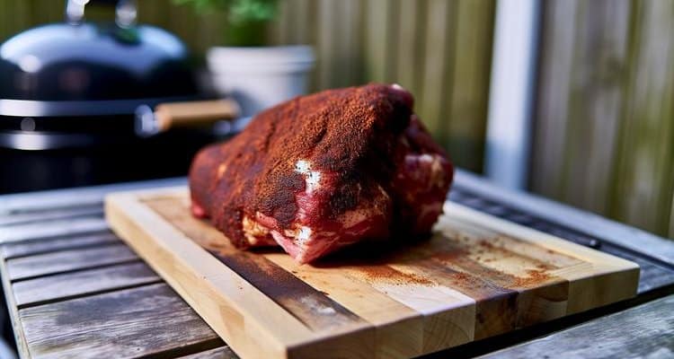 Seasoned pork shoulder with dry rub ready to go on the smoker Seasoned pork shoulder with dry rub ready to go on the smoker