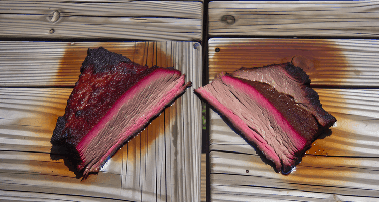 two beef brisket slices side by side - one with thick pink smoke ring, one without smoke ring two beef brisket slices side by side - one with thick pink smoke ring, one without smoke ring