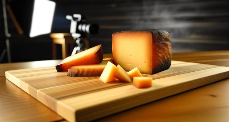 Finished smoked cheese wheel showing golden rind on cutting board Finished smoked cheese wheel showing golden rind on cutting board