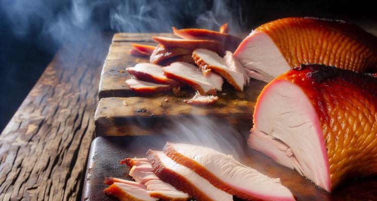 Sliced smoked chicken showing juicy meat and crispy golden skin
