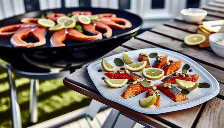 beautifully plated sliced smoked salmon on white serving platter with lemon wedges and fresh herbs garnish beautifully plated sliced smoked salmon on white serving platter with lemon wedges and fresh herbs garnish