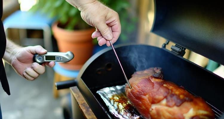 Checking Pork Shoulder Temperature with Probe Temperature probe checking smoked pork shoulder for tenderness