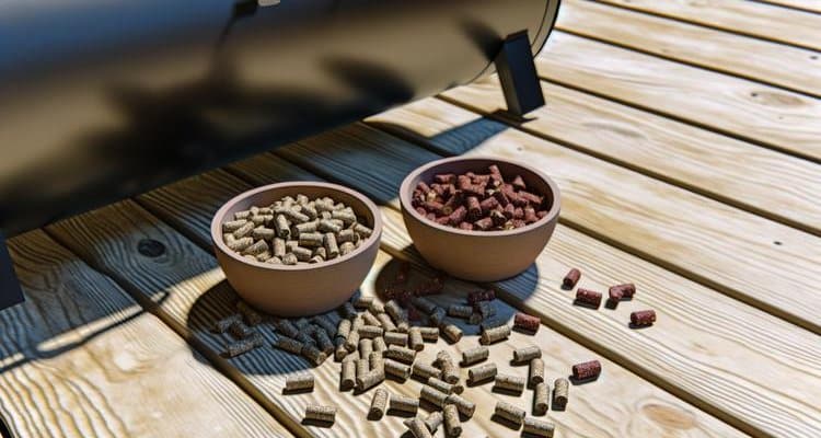 Apple and cherry wood pellets in bowls for smoking chicken Apple and cherry wood pellets in bowls for smoking chicken