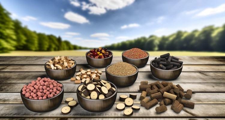 Various wood pellets and smoking woods displayed in bowls for cold smoking Various wood pellets and smoking woods displayed in bowls for cold smoking