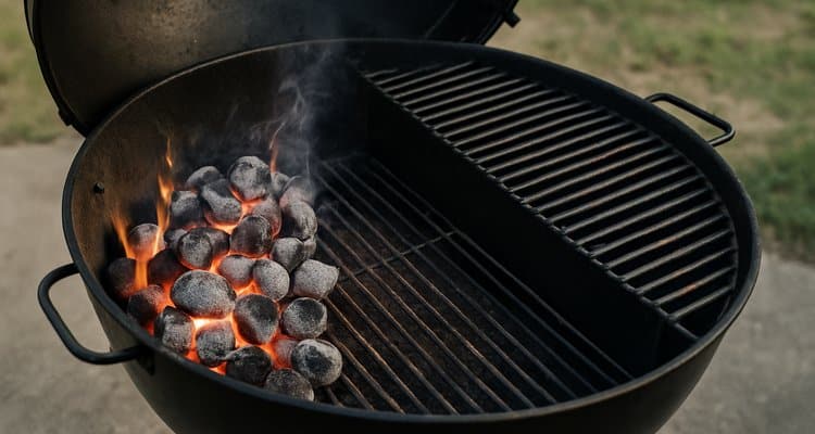 Charcoal grill two-zone fire arrangement for riblets Charcoal grill two-zone fire arrangement for riblets