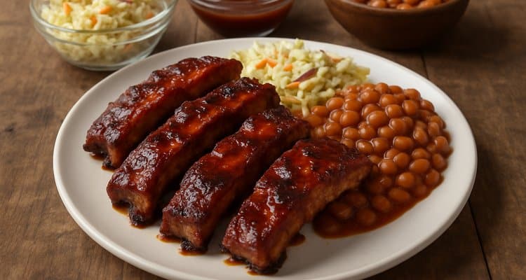 Plated grilled riblets with coleslaw and baked beans Plated grilled riblets with coleslaw and baked beans