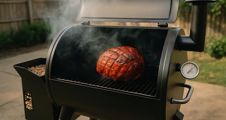 Hickory Ham on the Smoker Ham smoking on a pellet grill with hickory smoke