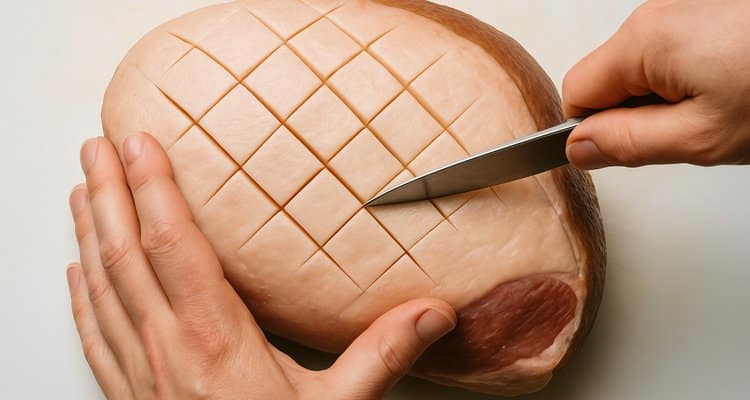 Scoring Fresh Ham Before Roasting Scoring a fresh ham fat cap in a diamond pattern before roasting