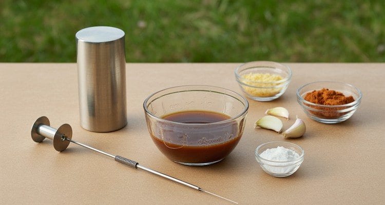 Preparing Brisket Injection Liquid Beef broth brisket injection liquid with spices and injector needle