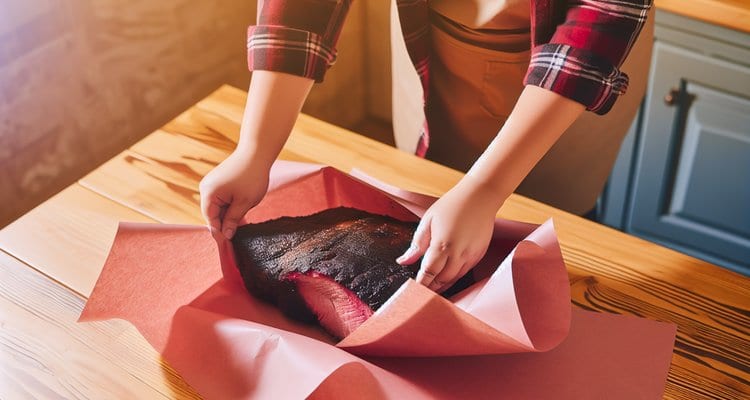 Wrapping Brisket in Pink Butcher Paper Wrapping brisket in pink butcher paper on a wooden table showing the dark bark before wrapping