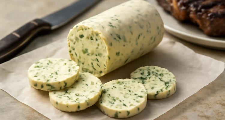 Sliced Garlic Herb Compound Butter Sliced garlic herb compound butter log on parchment