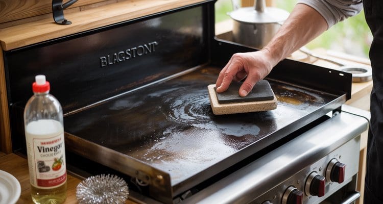 Blackstone Griddle Deep Cleaning and Rust Removal Deep cleaning a Blackstone griddle with pumice stone and vinegar for rust removal and restoration