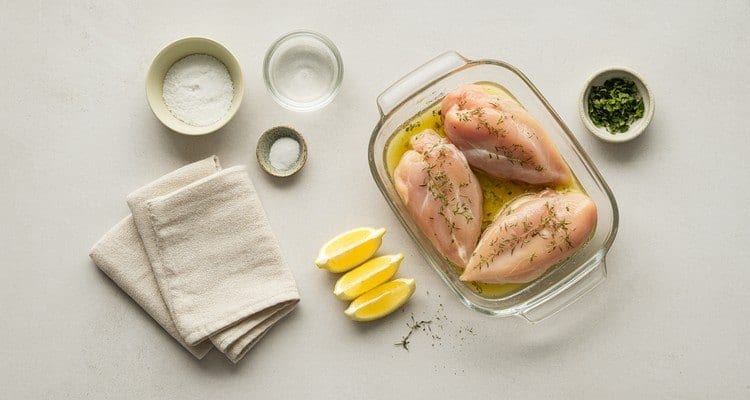 Marinating Chicken Breast Before Grilling Chicken breasts marinating with lemon, herbs, and salt before grilling