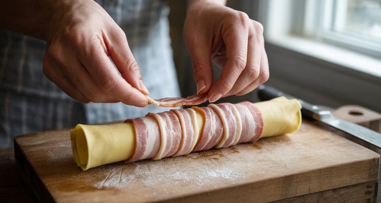 Bacon wrapping technique for shotgun shells Wrapping thin-cut bacon around a stuffed manicotti shell for smoked shotgun shells