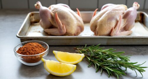 Cornish hens with dry rub rosemary and lemon before smoking