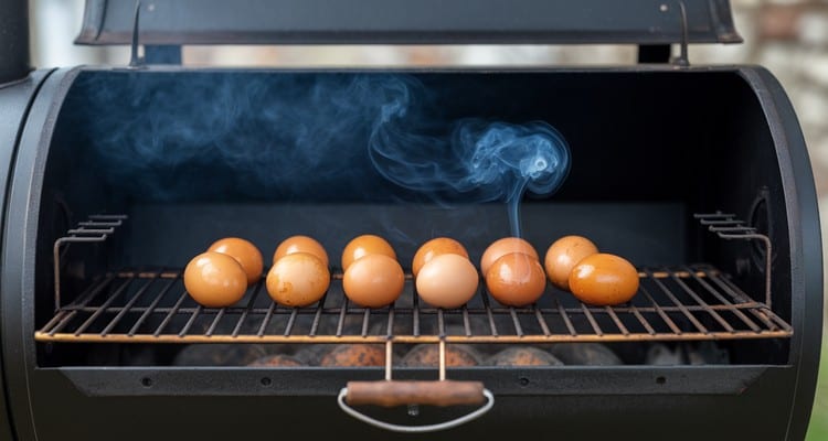 Smoked eggs on smoker grates with thin blue smoke