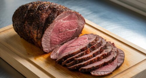 Sliced smoked eye of round roast with rosy medium-rare center
