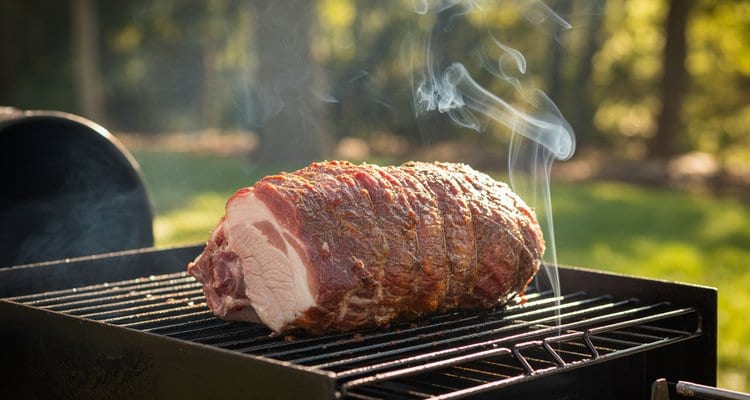 Pork loin smoking on grill grates Whole pork loin on smoker grates with visible smoke rising