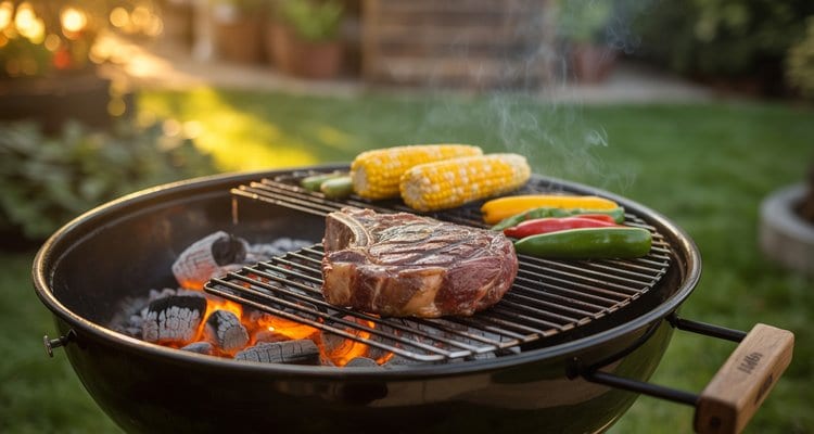 Two-zone grilling setup hero shot Two-zone grilling setup on charcoal kettle grill with steak on direct heat side and vegetables on indirect cool zone at golden hour