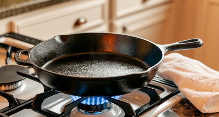 Drying Cast Iron on the Stovetop Clean cast iron skillet drying on a stovetop before seasoning