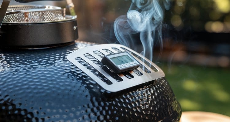 Charcoal Grill Top Vent Thin Blue Smoke Plain charcoal grill top vent partially open with thin blue smoke escaping