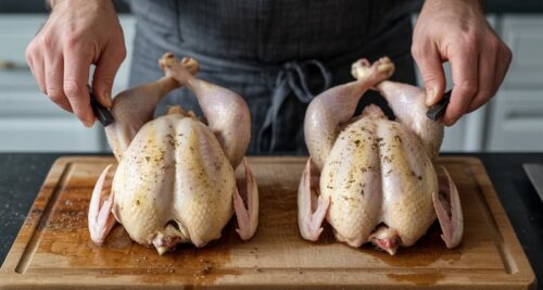 Spatchcocked Cornish hens prepared on a tray before seasoning