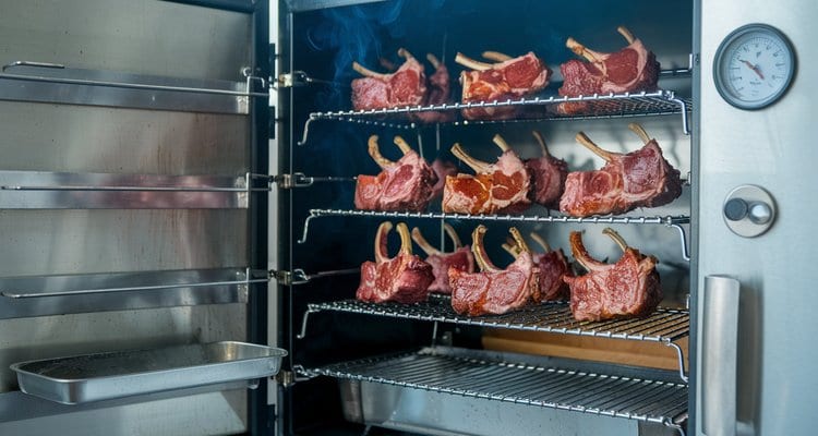 Lamb Chops Smoking in a Cabinet Smoker Lamb chops smoking on racks inside a vertical cabinet smoker