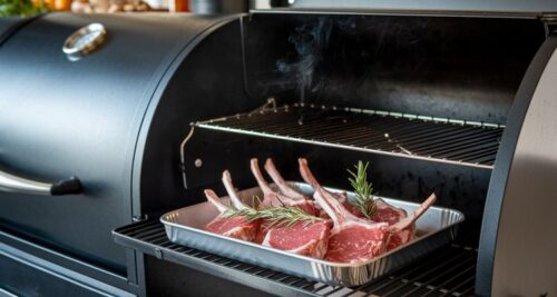 Marinated lamb chops on a tray beside an offset smoker