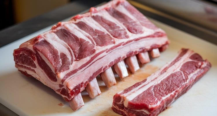 Spare Rib Cartilage Strip Removed Raw spare ribs with the breastbone cartilage strip separated from the main rack on a cutting board
