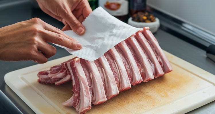 Removing the Spare Rib Membrane Hands using a paper towel to peel membrane from the bone side of raw spare ribs