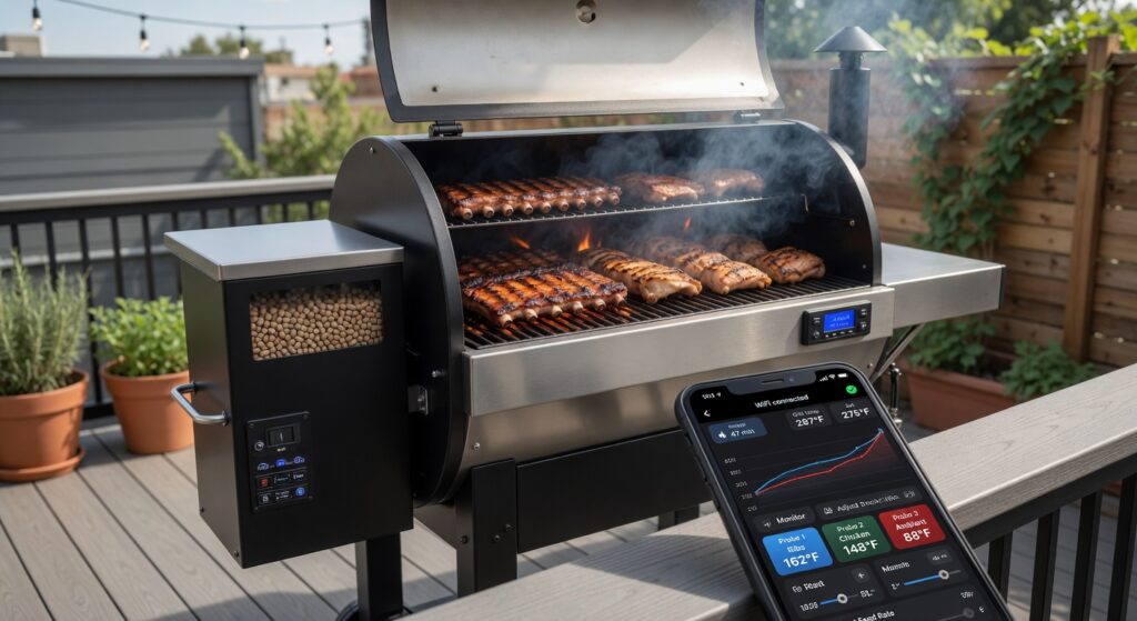 Modern wifi pellet grill hero wide outdoor scene with smartphone showing grilling app interface in foreground, professional BBQ photography, no text people or branding