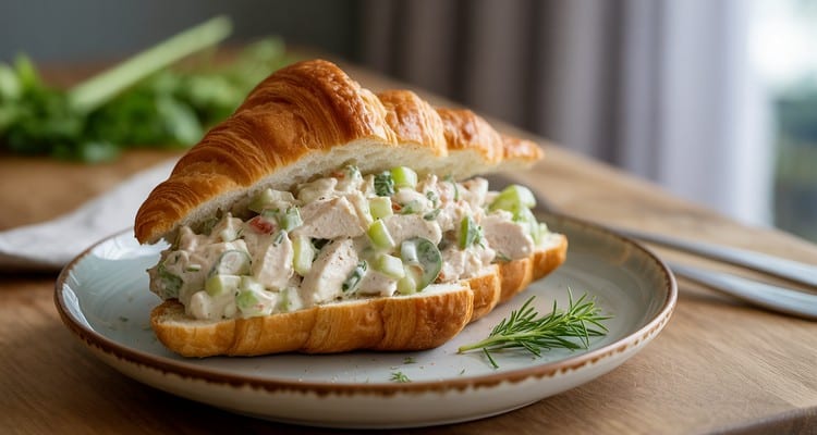 Chicken Salad Croissant Sandwich Serving Classic chicken salad served on a golden flaky croissant on a plate